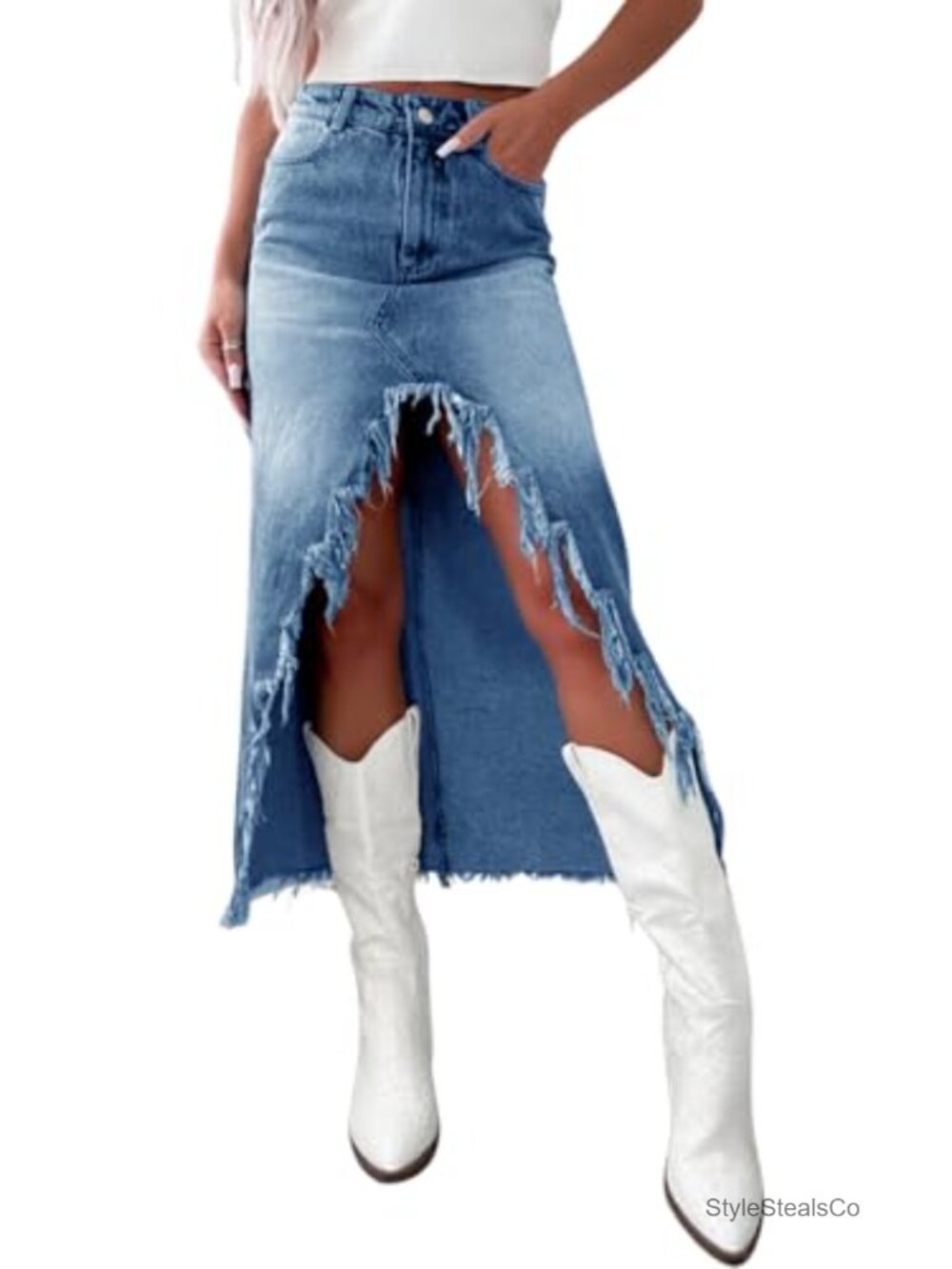 Womens High Waist Denim Midi Skirt A-Line Frayed Raw Hem Slit